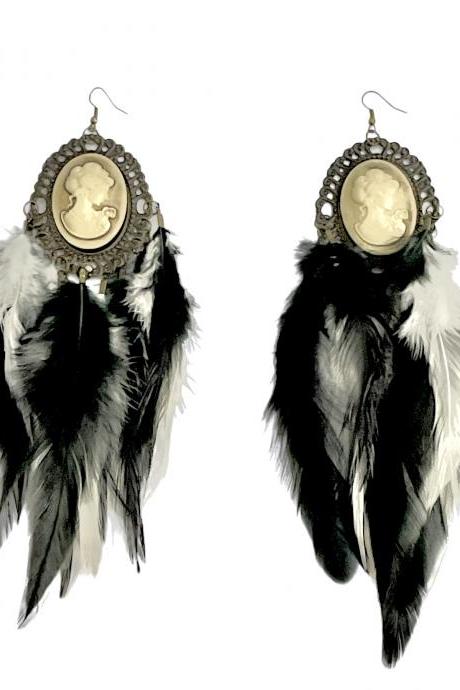 Two Toned Natural Feather Earrings With Resin Cameo Pendant Lightweight Handmade