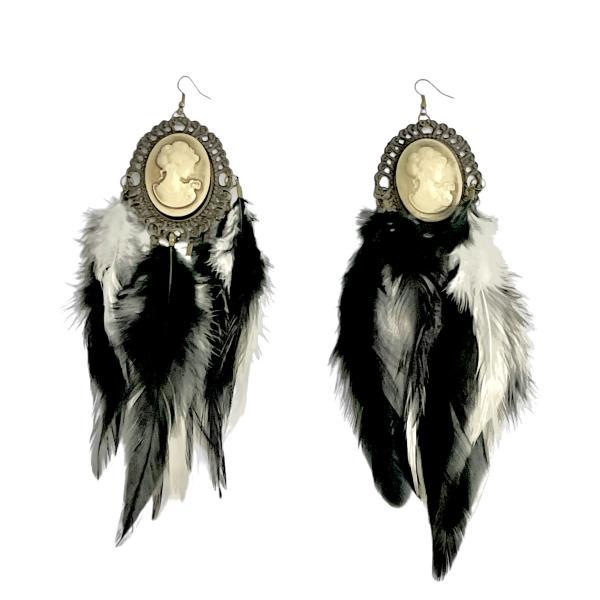 Two Toned Natural Feather Earrings With Resin Cameo Pendant Lightweight Handmade